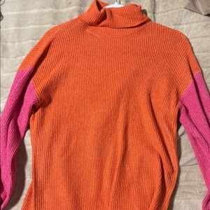 Colorblock Turtleneck Sweater - Orange and Pink